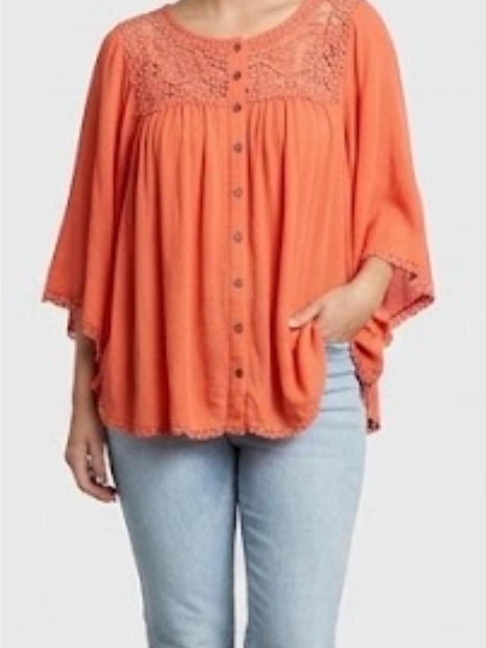 Rewind Coral Button-Front Crochet Yoke Tunic